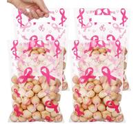 Teenyyou 60 Pcs Breast Cancer Awareness Bags Plastic Clear Pink Ribbon Gift Bags with Handles Hope Courage Love Favors for Women Cancer Survivor and Charity Party Supplies