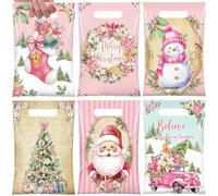 Teenyyou 60 Pcs Pink Christmas Gift Bags Plastic Merry Christmas Treat Bags Pink Stocking Santa Snowman Candy Goodie Handbags for Xmas Holiday Winter Theme Favors Supplies