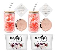Teenyyou 8 Pack Mother of the Bride Groom Gift Set - Includes 16oz Glass Cup Cosmetic Make up Bag Pocket Mirror Handkerchief, Engagement Anniversary Wedding Day Gifts for Mom Mother in Law(Flowers)