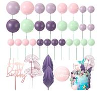 Teenyyou Ball Birthday Cake Topper Ball Palm Leaves Cake Decoration Happy Birthday Cookie Insert Toppers for Man Boy Boho Wedding Anniversary Baby Shower Party Decoration (Purple,Pink,Green,28 Pcs)