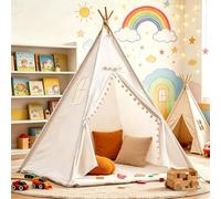 Teepee Tent for Kids, Foldable Play Tent for Indoor Outdoor with Padded Mat Decorative Pom-Poms and Window, Portable Tipi Playhouse for Garden Beach Picnic, Easy to Store (White, 1.1m)