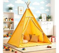 Teepee Tent for Kids, Foldable Play Tent for Indoor Outdoor with Padded Mat Decorative Pom-Poms and Window, Portable Tipi Playhouse for Garden Beach Picnic, Easy to Store (Yellow, 1.6m)
