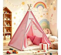 Teepee Tent for Kids, Foldable Play Tent for Indoor Outdoor with Padded Mat Decorative Pom-Poms and Window, Portable Tipi Playhouse for Garden Beach Picnic, Easy to Store (Pink, 1.8m)