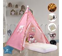 Teepee Tent for Kids with Inflatable Airbed, String Lights, Balloons, Pump, Washable Slumber Party Tent Indoor Outdoor for Girls Boys, Children Tipi Playhouse for Playtime and Sleepover, Pink
