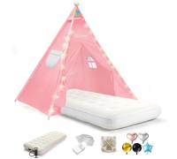 Teepee Tent for Kids with Inflatable Airbed, String Lights, Balloons, Pump, Washable Slumber Party Tent Indoor Outdoor for Girls Boys, Children Tipi Playhouse for Playtime and Sleepover, Pink