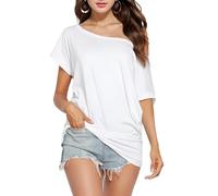 Teepie Short Sleeve Shirts for Women Off The Shoulder Oversized Tshirts Date Night Flowy Boat Neck Tops, White, Large