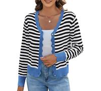 Teepie Women's Lightweight Cardigans Casual Long Sleeve V-Neck Button Print Sweaters Open Front Outerwear, Black White-blue, L