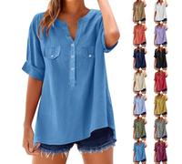Teeshirt Stand Collar Button Half Sleeve Tunic Women's Cotton Linen Tee Shirt Women's Large Size Summer Top Blouse Chic Shirt Basic Top Casual Top Breathable Tshirt Solid Color Loose Tops, beige, 4XL
