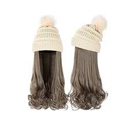 TEESONG Cap with Hair Extensions for Women Hat Long Wavy Curly Hair Ladies Synthetic Wig Winter Warm Detachable Knitted Cap 22 Inch Golden Brown Wig Hat Wig for Women(Color:5)