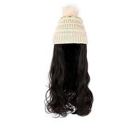 TEESONG Cap with Hair Extensions for Women Hat Wig Synthetic Long Wavy Wigs With Beret Hat Knitted Fashion Black Autumn Winter Cap Hair Wig Hair Extensions Hat Wig for Women(Color:K 88)