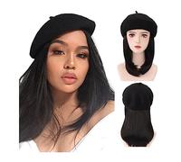 TEESONG Cap with Hair Extensions for Women Wig Ladies Hat Wig Short Straight Synthetic Wig Black Hair Extensions 16 Inches Straight Hair For Ladies Hat Wig for Women(Color:2)
