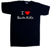 TeeTreeDesigns I Love Heart Bacon Rolls Black V-Neck T-Shirt (White Print)-X-Large