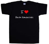 TeeTreeDesigns I Love Heart Bacon Sandwiches Black T-Shirt (White Print)-X-Large