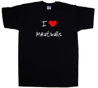 TeeTreeDesigns I Love Heart Meatballs Black T-Shirt (White & Red Print)-Large
