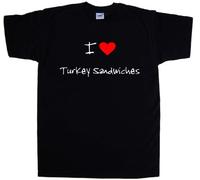 TeeTreeDesigns I Love Heart Turkey Sandwiches Black T-Shirt (White Print)-Large