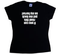 TeeTreeDesigns If You can Read This Put me Back on My Horse Funny Black Ladies Fitted T-Shirt (White Print)-Size 8