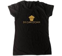 TeeTreeDesigns It's Cake O'Clock Funny Black Ladies Fitted T-Shirt (Gold Print)-Size 12