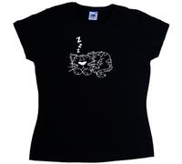 TeeTreeDesigns Sleeping Cat Black Ladies T-Shirt (White Print)-Size 20