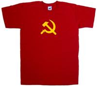TeeTreeDesigns Soviet Union Russian Flag Hammer & Sickle Red T-Shirt (Golden Yellow Print)-X-Large