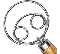 TEEVEA Danish Dough Whisk Stainless Steel Dough Whisk Dutch Style Bread Dough Hand Mixer Wooden Handle Kitchen Baking Tools Bread Making Tools and Supplies