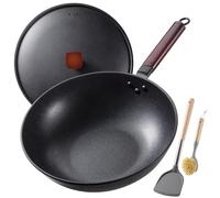Teewe Carbon Steel Wok -13 Inch Woks & Stir-fry Pans Nonstick, Wok Pan with Lid Spatula and Dish Brush: Pre-Seasoned Flat Bottom Chinese Woks for Induction, Electric, Gas, All Stoves