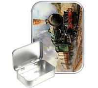 TEEZ Steam train Silver Hinged Tin,Small 30ml Tin, Pill Tin, Pocket tin, Gift Box, 1oz Tobacco tin, Herb Tin