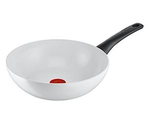 Tefal C41719 Ceramic Control Wok Pan 28 cm Safe Ceramic Seal Thermo-Signal Temperature Indicator Easy Cleaning Suitable for Induction Cookers White