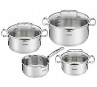 Tefal Duetto Set 7 Pieces: 3 Cooking Pots 16/20/24 cm, 1 Saucepan 16 cm, 3 Lids, Stainless Steel, 3 Glass Lids, Measurement Marks, All Types of Cookers, Oven and Dishwasher Safe