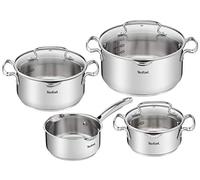 Tefal Duetto Set 7 Pieces: 3 Cooking Pots 16/20/24 cm, 1 Saucepan 16 cm, 3 Lids, Stainless Steel, 3 Glass Lids, Measurement Marks, All Types of Cookers, Oven and Dishwasher Safe