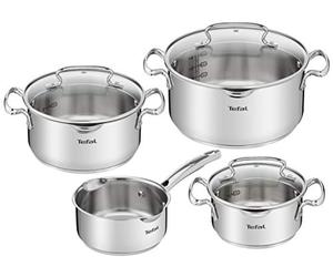 Tefal Duetto Set 7 Pieces: 3 Cooking Pots 16/20/24 cm, 1 Saucepan 16 cm, 3 Lids, Stainless Steel, 3 Glass Lids, Measurement Marks, All Types of Cookers, Oven and Dishwasher Safe