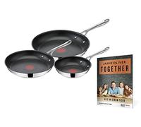 Tefal E304S3.TOG Jamie Oliver Cook's Direct On 3-Piece Frying Pan Set + Together Booklet with 10 Recipes, 20/24/28 cm, Suitable for Induction Cookers, Dishwasher Safe, Thermal Signal, Stainless Steel