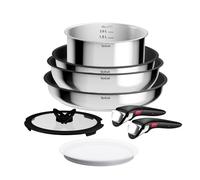 Tefal Ingenio Comfort Max Stainless Steel 8-Piece Pan Set, Stackable | Removable Handle Holds 10 kg, Titanium Non-Stick, Thermal Signal, 26 cm Wok, 20 cm Casserole, L966S844