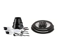 Tefal Ingenio Easy ON Pots & Pans Set, 20 Pieces, Stackable, Removable Handle, Space Saving, Non-Stick, Black, L1599402 & Ingenio L9931012 3 Piece Glass lids, 16-cm, 18-cm, 20-cm , Black
