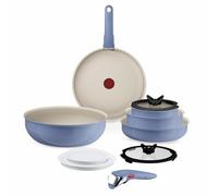 Tefal Ingenio Serenity Blue Non-Stick 11-Piece Cookware Set, Glass Lids | Space-Saving Stackable, Detachable Handles Hold 10 kg, Aluminium, Frying Pans, Wok, Saucepans, Induction, L829SB04