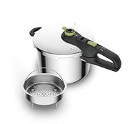 Tefal Secure Trendy P2580702 Pressure Cooker 6 L with Basket 2-Stage Cooker Intensive Level 117 °C, Gentle Level 112 °C Induction Capsule Base Suitable for All Hob Types Stainless Steel / Black / Green