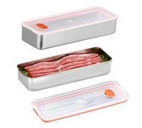 Tefola 2Pcs Bacon Storage Box for Fridge,Rectangular 304 Stainless Steel+PP Bacon Storage Fresh Box,Seal Deli Meat Container for Pasta, Asparagus, Celery, Fish（26.5 * 10 * 4.5cm）