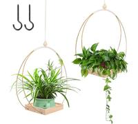 Tefola 2Pcs Hanging Plant Pots Indoor Ceiling Hanging Plant Holder with Wood Base, Plant Hanger Window with 2 Hooks Plant Pot Hangers, Hanging Basket Indoor Outdoor Home Decor (Gold&wooden)