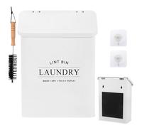 Tefola Magnetic Lint Bin for Laundry Room, Durable Metal Trash Can for Dryer Lint Collection, Farmhouse Laundry Organizer, Include Lid & Dryer Lint Brush (White B)