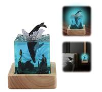 Tefola Ocean Resin Whale Night Light, 5cm Blue Cube Lamp with Diver Scene, LED Marine Theme Bedside Light on Wooden Base for Kids & Diving Lovers