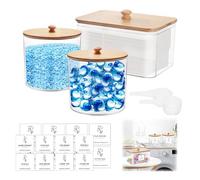 Tefola Set of 3 Clear Acrylic Laundry Pods Storage Container with Bamboo Cover and Laundry Scoop, Washing Tablets Storage Box with Laundry Labels, Laundry Jars, Home Organisation