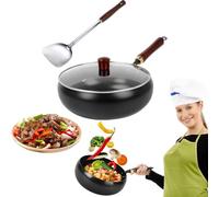 Tefola Uncoated Thick Iron Pot, Forged Big Belly Pot Cast Iron Pan with Lid Deep Frying Saute Pan 28Cm Cast Iron Wok Skillet Pans for Cooking, High-Heat Frying, Stir Fry, Simmering