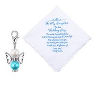 Tegeme 2 Pcs Brides Wedding Handkerchief Something for Daughter Blue Color Gift for Bride Handkerchief and Angel Keychains, White, 30 x 30 cm/ 11.8 x 11.8 inches