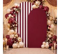 Tegeme 2 Set Cabana Stripe Arch Backdrop Cover 7.2ft 6.6ft Ripple & Solid Color Double-Sided Stretchy Background Wall Decor for Birthday Baby Shower Wedding Ceremony Banquet Decor(Burgundy Red)