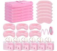 Tegeme 24 Pcs Spa Sleepover Party Supplies Fuzzy Throw Blanket 6 Coral Fleece Headband 6 Plush Eye Mask Covers 6 Gift Bags for Sleeping Slumber Sleepover Spa Party Gift (Pink)