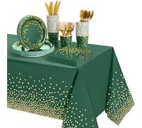 Tegeme 256 Pcs Dark Green and Gold Dot Party Supplies Paper Plate Birthday Napkin Cup Set Disposable Tablecloth Emerald Green Plastic Fork Knives Spoon Serve 36 Guest for Anniversary Wedding Decor