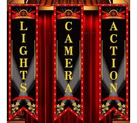 Tegeme 3 Pcs Movie Night Porch Sign Banner Theater Welcome,Black,Delicate | Now Showing Light Camera Action Hanging Signs, Red Black Gold Letters, Cinema Supplies Decor, Film Theme Backdrop