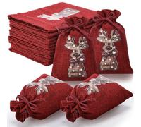 Tegeme 36 Pcs Red Christmas Burlap Drawstrings Bags Burlap Gift Bags with Double Jute Drawstrings Deer Candy Goodie Treat Supplies for Xmas Presents Holiday Party Favor