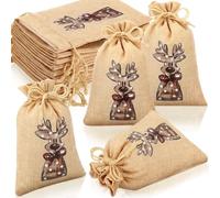 Tegeme 36 Pcs Small Burlap Drawstrings Bags 4 x 6 Inch Burlap Gift Bags with Double Jute Drawstrings Reusable Candy Goodie Treat Supplies for Presents Holiday Party Favor (Dark Brown,Christmas)