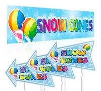 Tegeme 4 Pack Snow Cones Banner Stand Supplies 1 Pcs 2x10 ft Banner and 3 Pcs Snow Cones Yard Signs with Metal Stakes Double Sided Print for Advertising Business Store Decor Home Lawn Outdoor