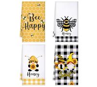 Tegeme 4 Pcs Kitchen Tea Towel Set - Honey Bee Dish Towels, Honeycomb Bath Washcloth, Polyester Absorbent Cloths for Kitchen Decor, 16 x 24 Inch (White, Yellow)